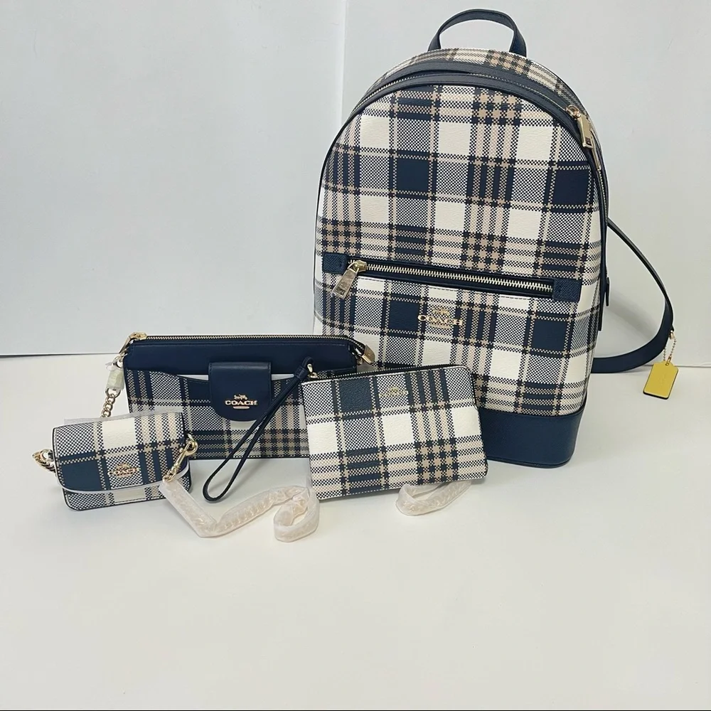 Lot / Set Of 3 Coach Plaid Pieces / Backpack, Crossbody & Wristlet/ New With Tag - Picture 1 of 16